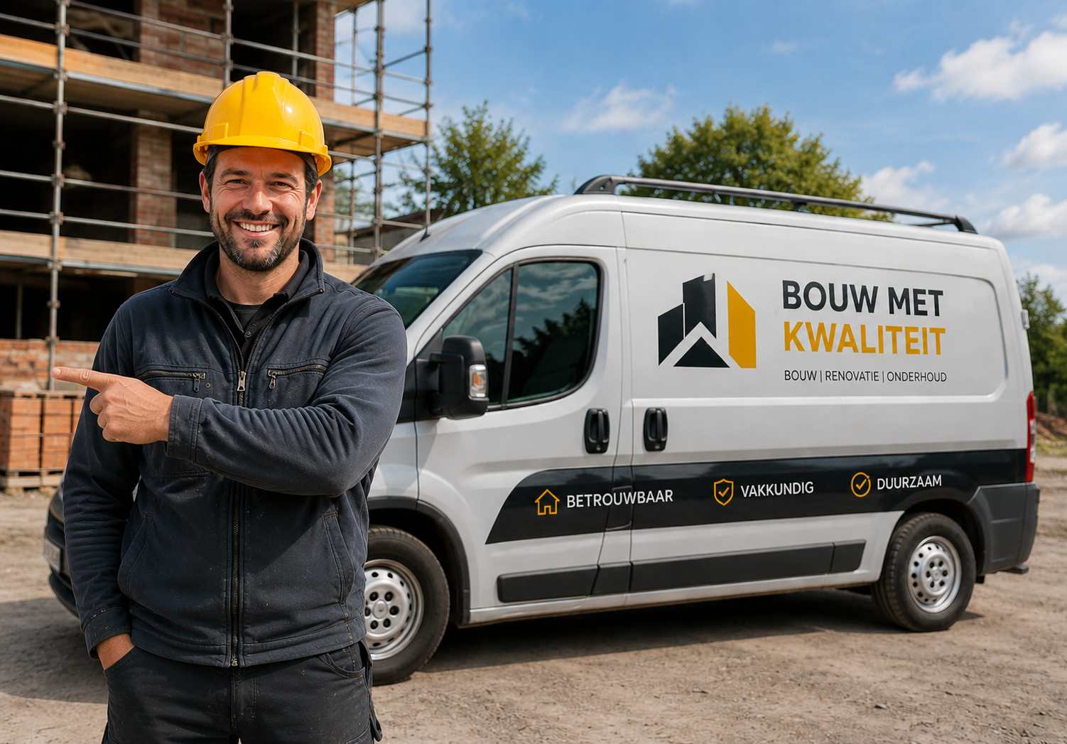 Ondernemer wijst naar de slogan Jij onderneemt, wij verzekeren